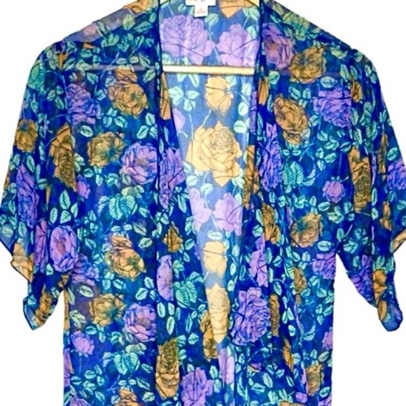 LuLaRoe Blue and Purple Floral Monroe Kimono with Fringe Women’s Size L  NWT - Picture 3 of 10